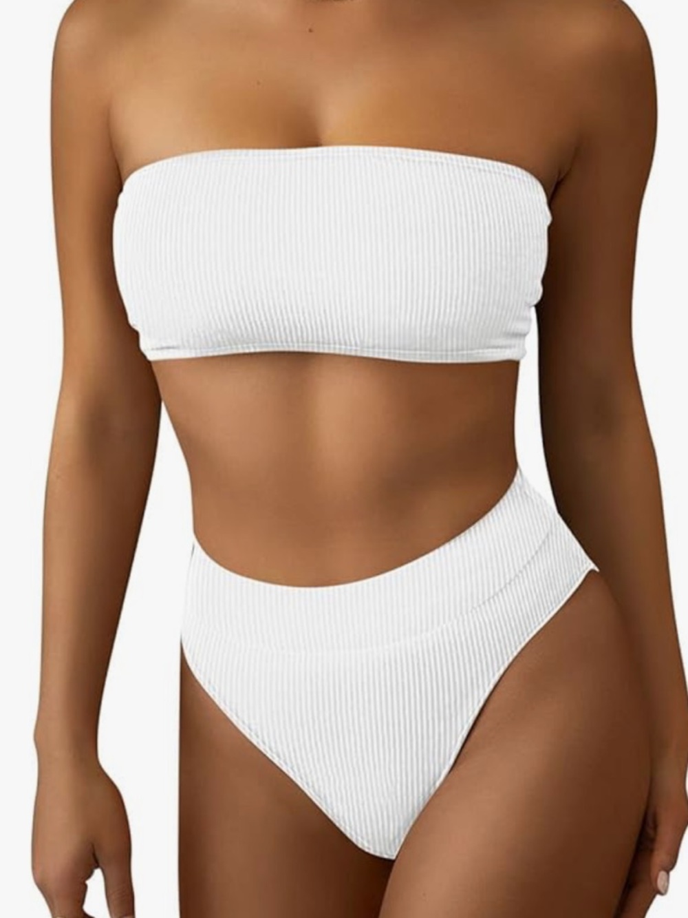 Ribbed High-Waist Bandeau Bikini Set - White Large NWOT